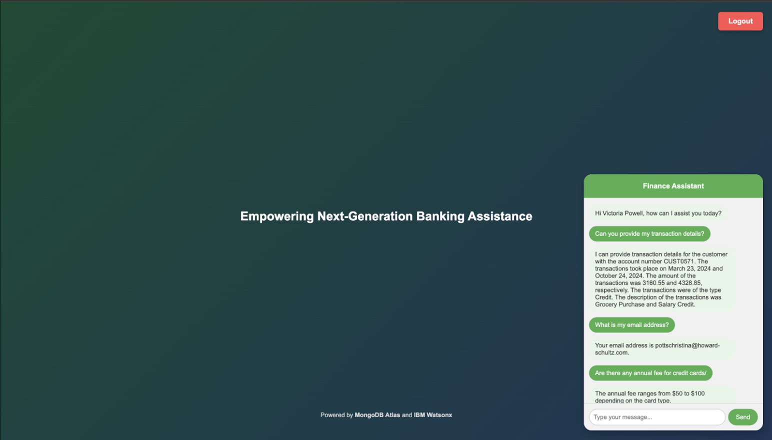 Screen grab of the finance assistant dashboard with a chatbot function.